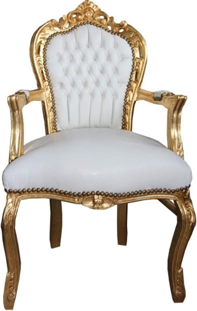 Casa Padrino Barock Esszimmer Stuhl mit Armlehnen Weiß / Gold Lederoptik Bild 1