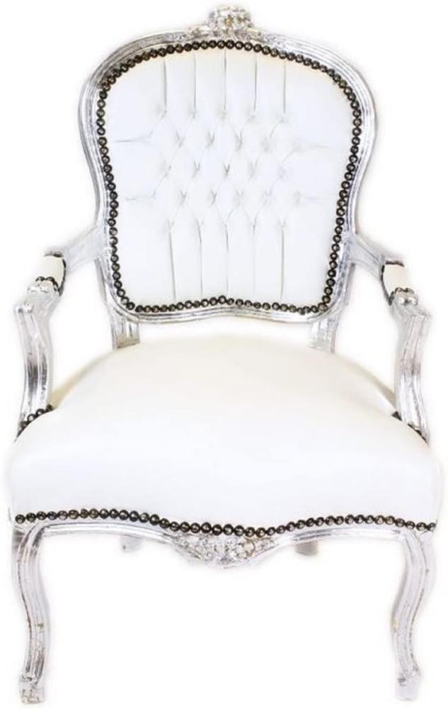 Casa Padrino Barock Salon Stuhl Weiß / Silber - Handgefertigter Antik Stil Stuhl mit edlem Kunstleder - Möbel im Barockstil - Barock Möbel - Barock Einrichtung Bild 1