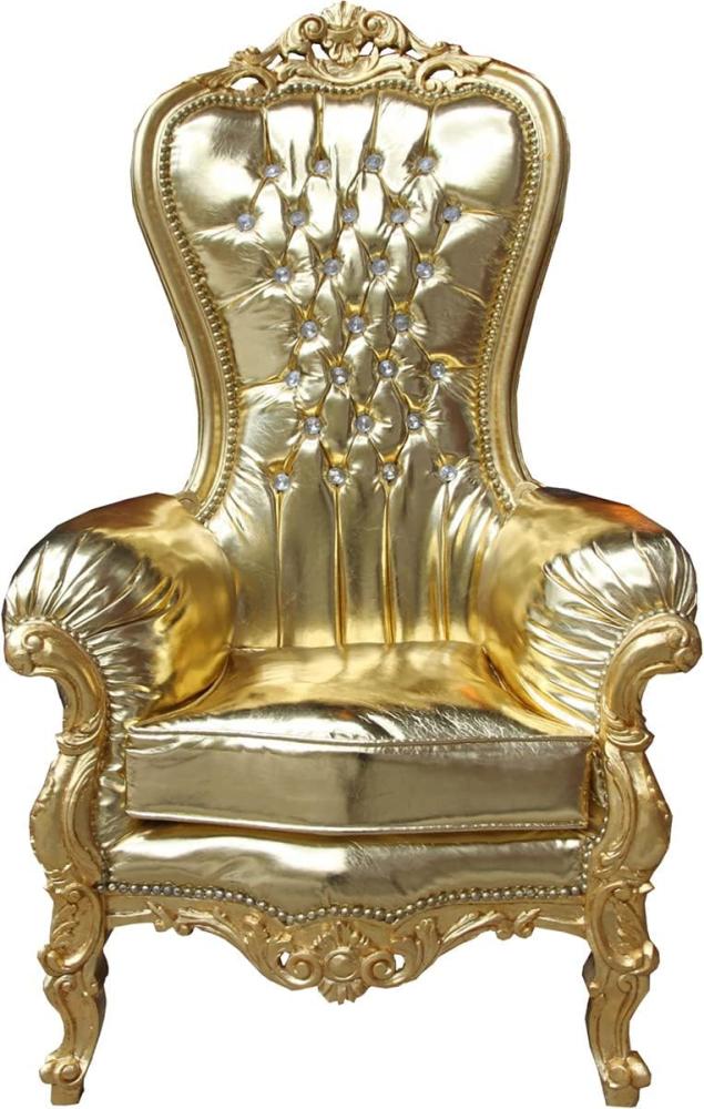 Casa Padrino Barock Damen Thron Sessel Majestic Medium Gold/ Gold Lederoptik mit Bling Bling Glitzersteinen - Riesensessel - Thron Stuhl Tron Bild 1