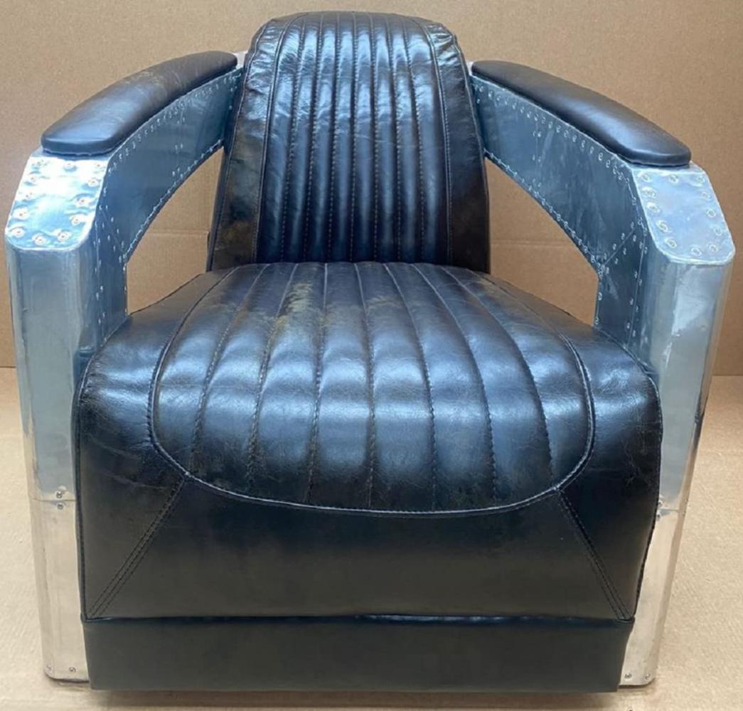 Casa Padrino Luxus Art Deco Leder Sessel Dunkelbraun / Silber - Aluminium Wohnzimmer Sessel mit Echtleder - Lounge Sessel - Flugzeug Flieger Echtleder Möbel Bild 1