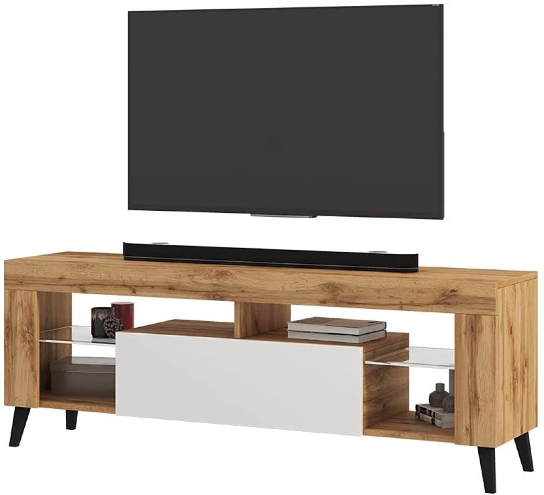 Selsey HugoB – TV-Lowboard, modernes TV-Sideboard mit Füßen und Glaseinlegeböden, 140 cm (Lancaster Eiche Matt / Weiß Glanz, ohne LED) Bild 1