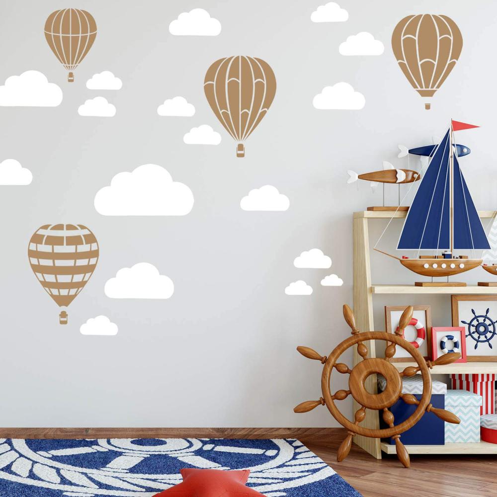 Heißluftballon & Wolken Aufkleber Wandtattoo Himmel | Wandbild 6x DIN A4 Bögen | Sticker Kinder Kinderzimmer Deko Ballons (Hellbraun) Bild 1