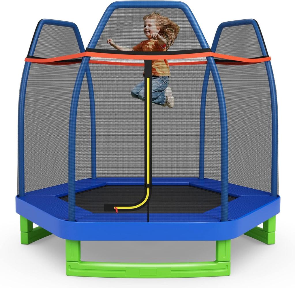 COSTWAY 223 cm Kinder-Trampolin mit Sicherheitsnetz und Federkissen, Outdoor- / Indoor-Trampolin für Kleinkinder mit verzinktem Stahlrahmen, für Jungs und Mädchen Blau Bild 1