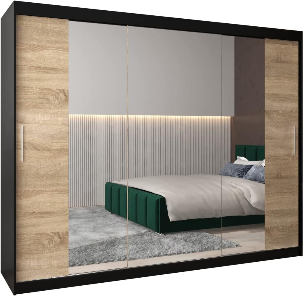 Kryspol Schwebetürenschrank Tokyo 2-250 cm mit Spiegel Kleiderschrank mit Kleiderstange und Einlegeboden Schlafzimmer- Wohnzimmerschrank Schiebetüren Modern Design (Schwarz + Sonoma) Bild 1