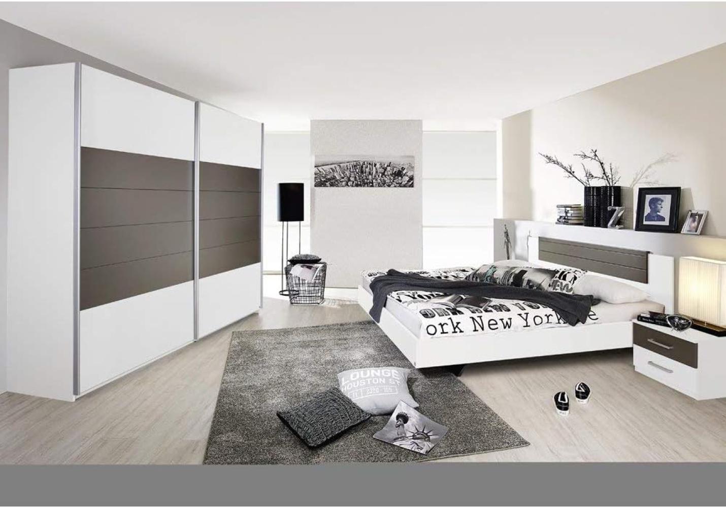 Rauch Möbel Schlafzimmer, Weiß / Lavagrau, bestehend aus Bett mit Liegefläche 160x200 cm inklusive 2 Nachttische und Schwebetürenschrank BxHxT 226x210x62 cm Bild 1