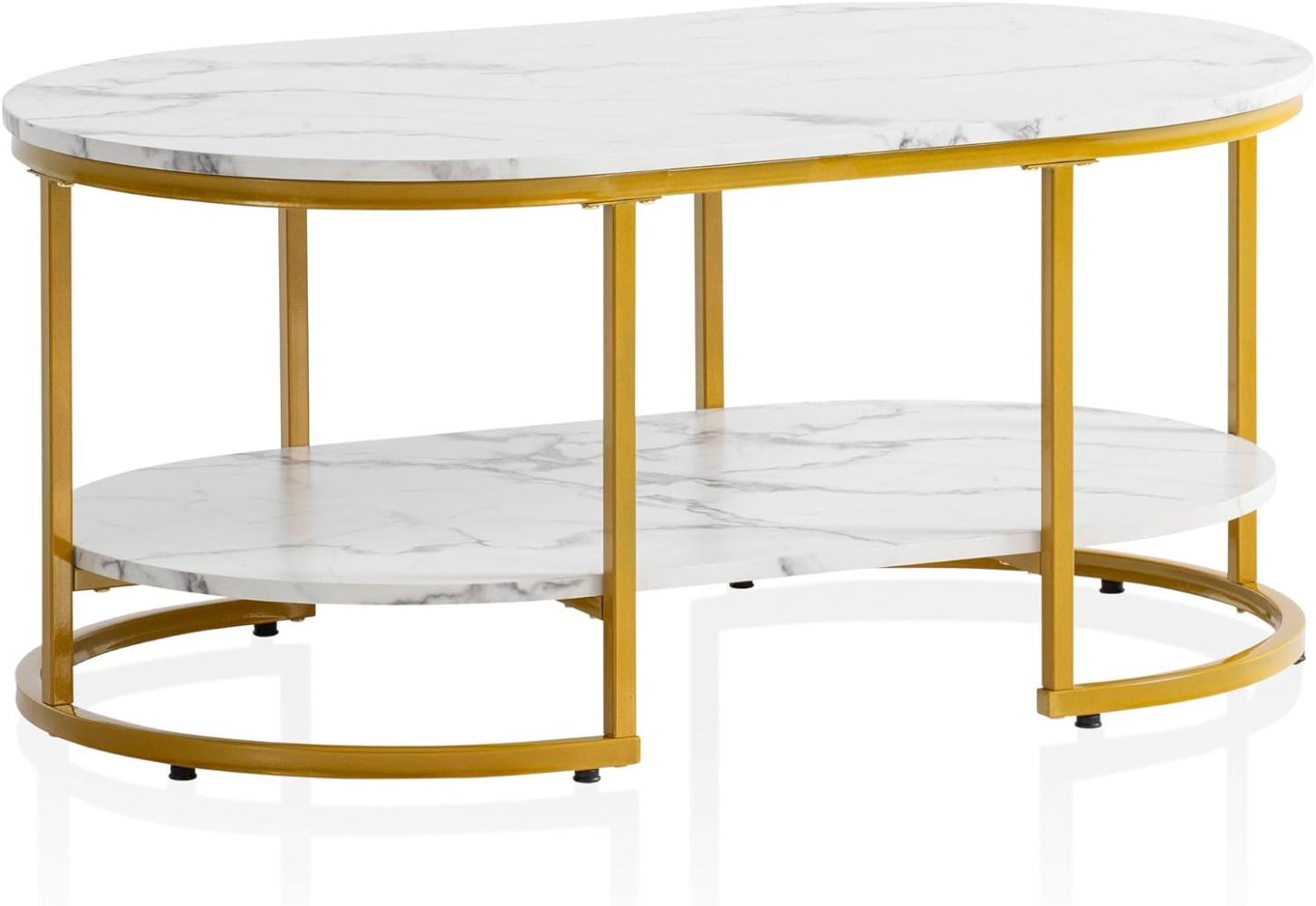 FineBuy Couchtisch 100x60x45 cm Marmor Optik, Design Wohnzimmertisch Rechteckig, Lounge Sofatisch mit Ablage, Kaffeetisch Modern mit goldenem Metallgestell Weiß Bild 1