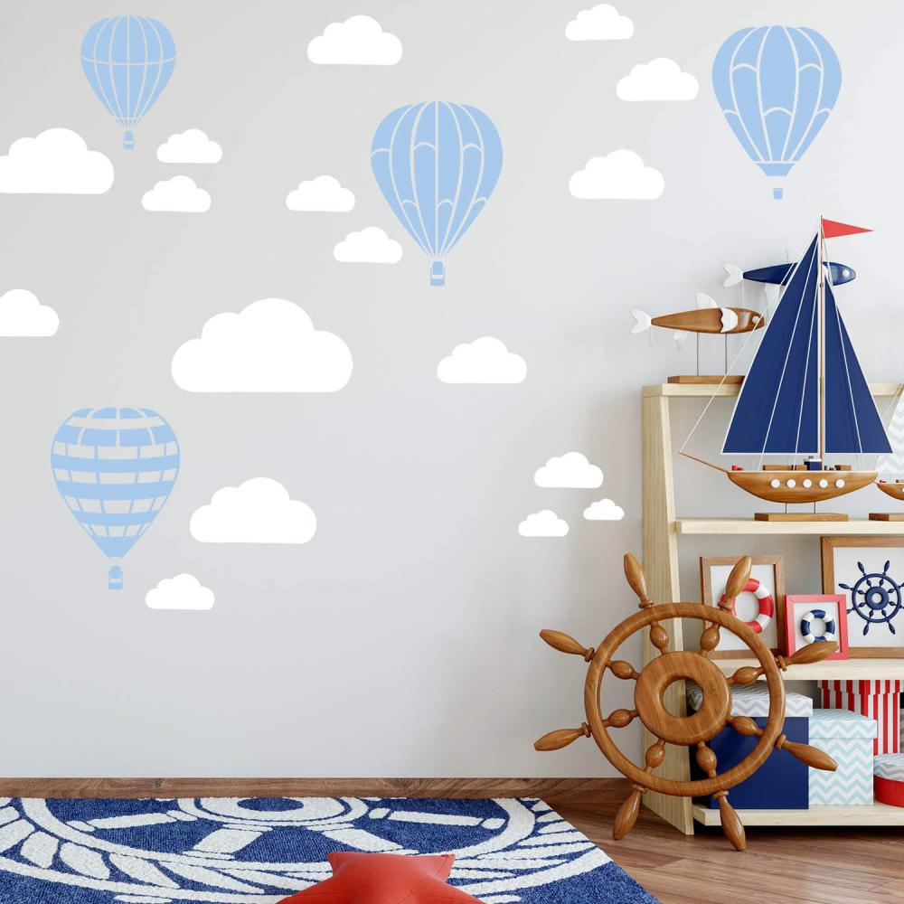 Heißluftballon & Wolken Aufkleber Wandtattoo Himmel | Wandbild 6x DIN A4 Bögen | Sticker Kinder Kinderzimmer Deko Ballons (Babyblau) Bild 1
