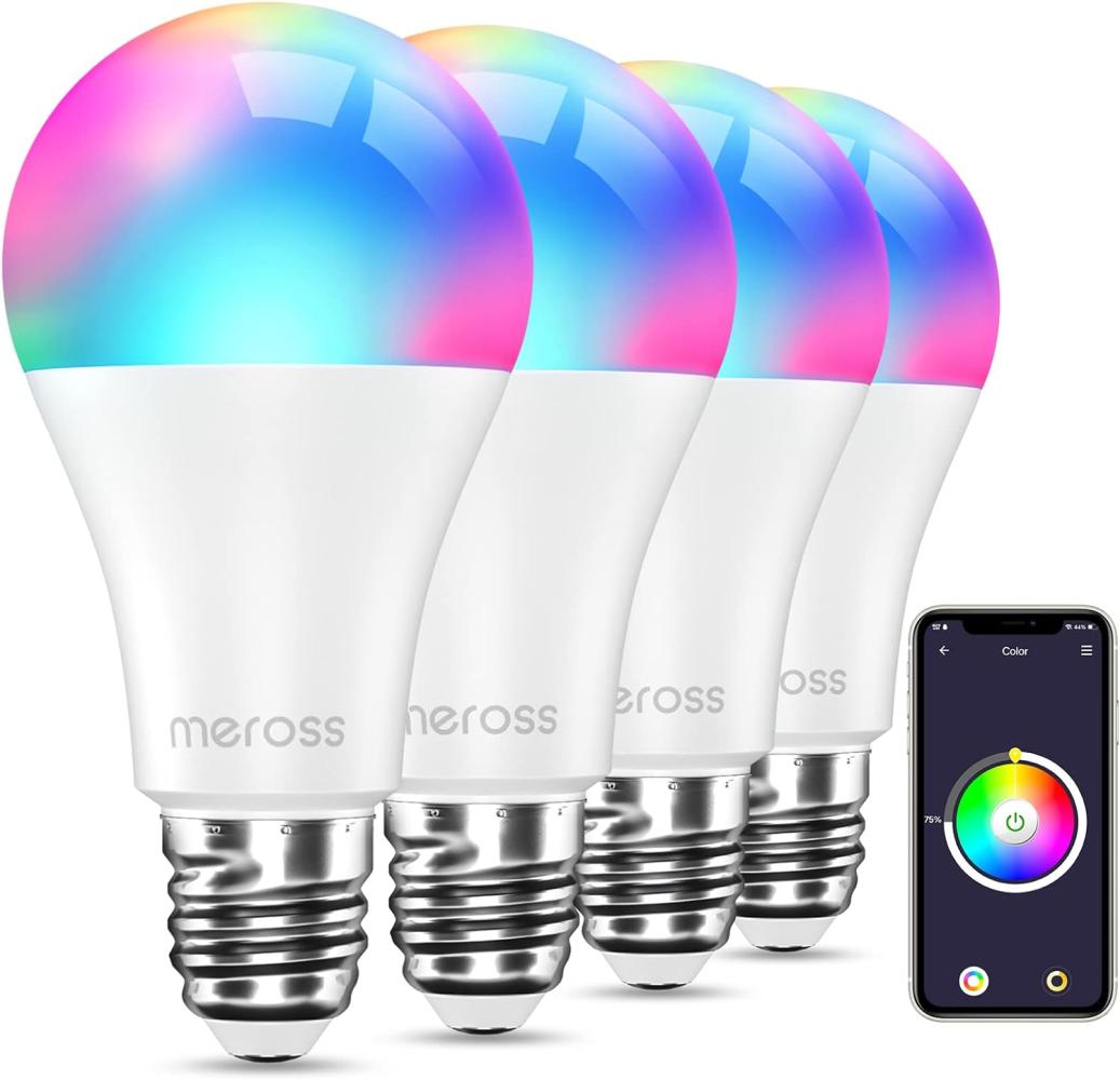 Smart LED Lampe, Meross WLAN dimmbare Glühbirne intelligente Mehrfarbige Birne Äquivalent 60W E27 2700K-6500K RGBCW kompatibel mit Alexa, Google Home und SmartThings 4St. Bild 1