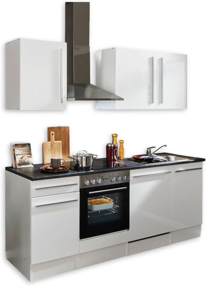 JAZZ 8 Moderne Küchenzeile ohne Elektrogeräte in Weiß Hochglanz, Metallic Grau - Geräumige Einbauküche mit viel Stauraum - 220 x 211 x 60 cm (B/H/T) Bild 1
