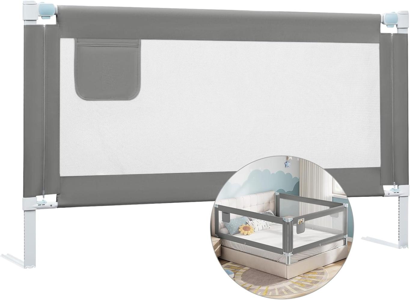 WOLTU Bettgitter, 150 cm Bettschutzgitter für Kinder Baby, Rausfallschutz Bett Boxspringbett Kinderbett Elternbett, Gitterschutz höhenverstellbar 69-87 cm, Oxford-Gewebe Metall, Dunkelgrau Bild 1