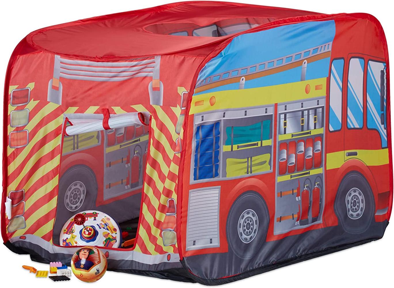 Relaxdays Spielzelt Feuerwehr, Pop up Kinderzelt mit Automotiv, für Drinnen und Draußen, 70x110x70 cm, ab 3 Jahre, rot Bild 1