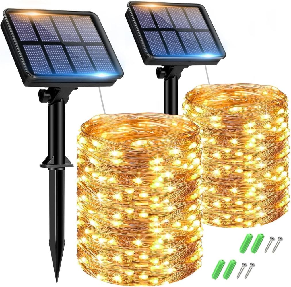 btfarm Solar Lichterkette Aussen, 2x15M 150 LED Solarlichterkette Außen Wetterfest 8 Modi IP65 Wasserdicht Kupferdraht Lichterkette Außen Solar Outdoor für Garten Terrasse Baum Hof Party (Warmweiß) Bild 1