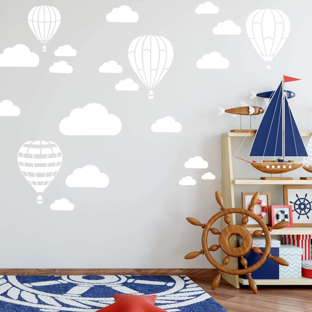 Heißluftballon & Wolken Aufkleber Wandtattoo Himmel | Wandbild 6x DIN A4 Bögen | Sticker Kinder Kinderzimmer Deko Ballons (Weiss) Bild 1
