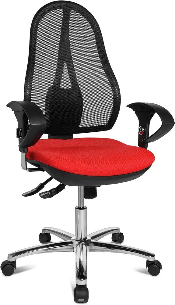 Topstar Open Point SY Deluxe, ergonomischer Syncro-Bandscheiben-Drehstuhl, Bürostuhl, Schreibtischstuhl, inkl. Armlehnen (höhenverstellbar), Stoff, rot Bild 1
