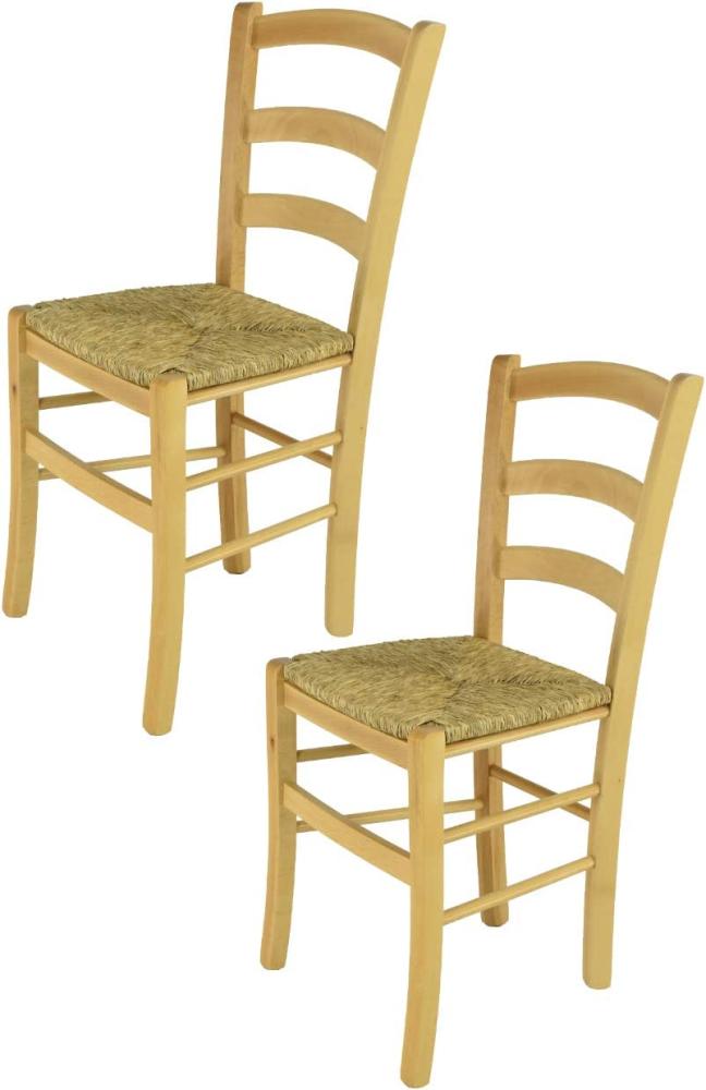 Tommychairs - 2er Set Stühle Venice für Küche und Esszimmer, robuste Struktur aus lackiertem Buchenholz im Farbton Naturfarben und Sitzfläche aus Stroh Bild 1