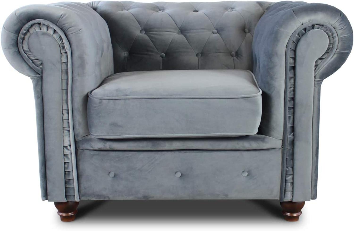 Sessel Chesterfield Asti - Couch, Couchgarnitur, Couchsessel, Loungesessel, Stühl, Holzfüße - Glamour Design, Velours (Grau (Velvet 10)) Bild 1