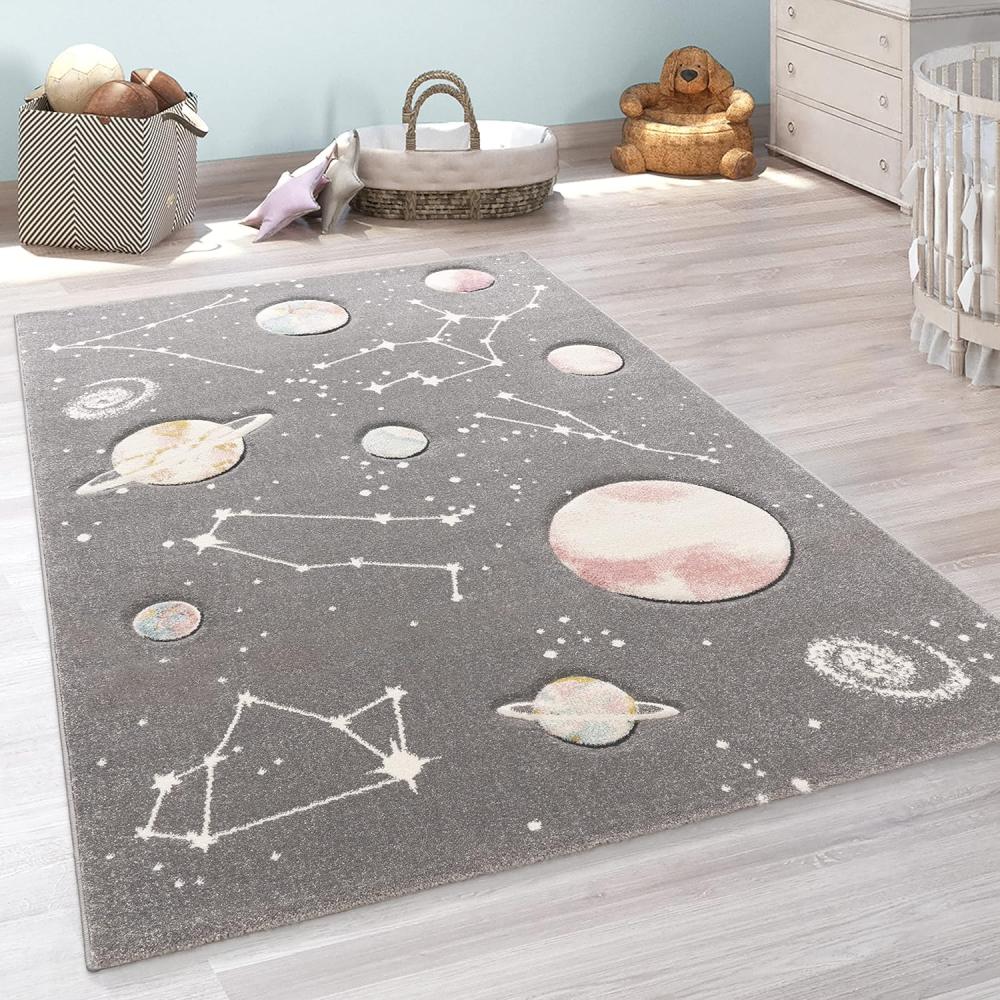 Paco Home Kinder-Teppich, Spiel-Teppich Für Kinderzimmer Mit Planeten Und Sternen, In Grau, Grösse:140x200 cm Bild 1