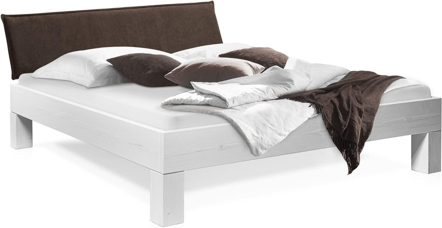 Möbel-Eins LUKY 4-Fuß-Bett mit Polster-Kopfteil, Material Massivholz, Fichte massiv weiss 180 x 200 cm Stoff Braun Bild 1
