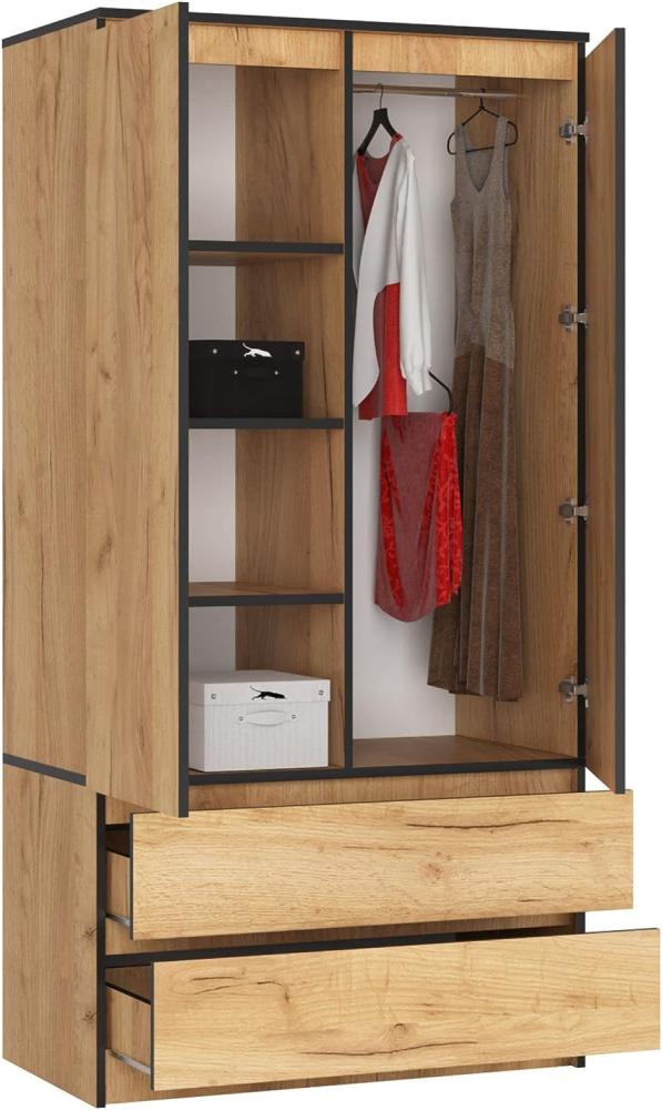 BDW Kleiderschrank 2 Türen, 4 Einlegeböden, Kleiderbügel, 2 Schubladen Kleiderschrank für das Schlafzimmer Wohnzimmer Diele 180x90x51cm (Eiche Craft) Bild 1