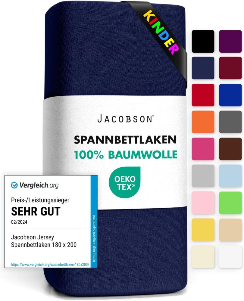 JACOBSON Jersey Spannbettlaken Spannbetttuch Baumwolle Bettlaken (60x120-70x140 cm, Dunkelblau) Bild 1