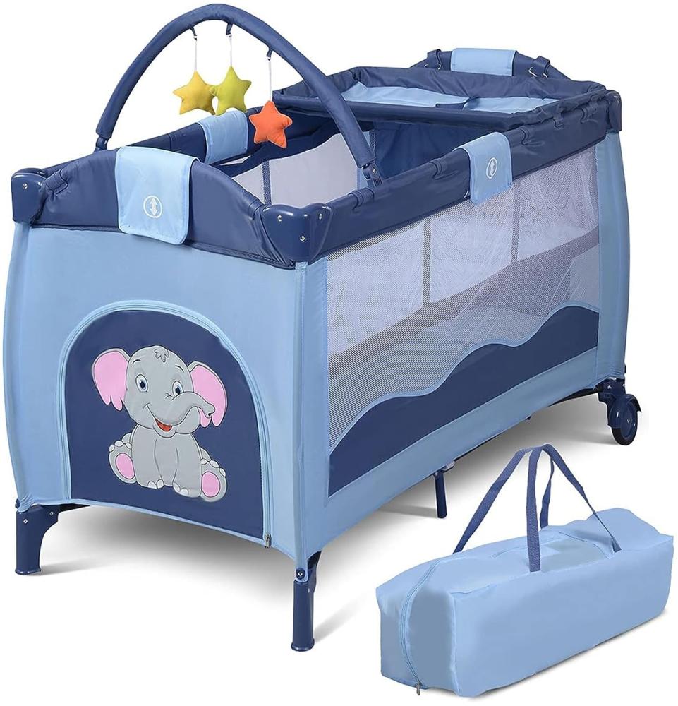 DREAMADE Babybett mit Spielzeug, Babywiege Komplettset, Stubenwagen Baby Reisebett Klappbar, Kinderbett Kinderreisebett mit Rollen und Bremse (Blau) Bild 1