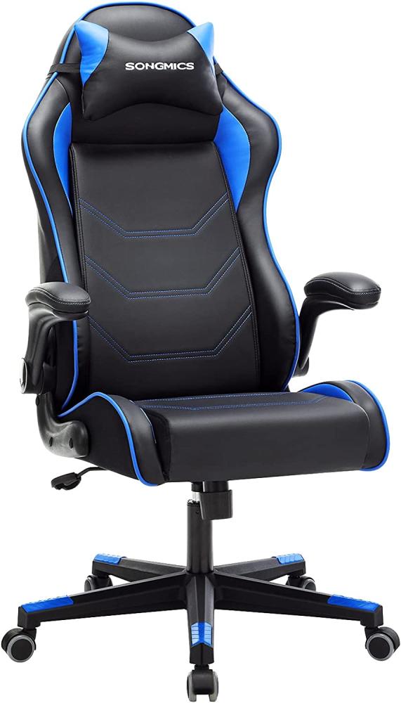 SONGMICS Gamingstuhl, Racing Chair, ergonomischer Schreibtischstuhl, Bürostuhl mit Kopfstütze und verstellbaren Armlehnen, höhenverstellbar, Stahlgestell, Kunstleder, Schwarz-blau RCG014B01 Bild 1
