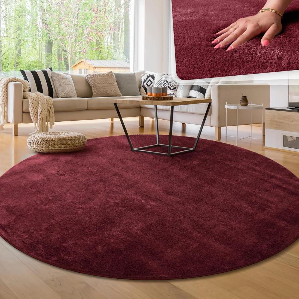 Paco Home Waschbarer Teppich Wohnzimmer Schlafzimmer Kurzflor rutschfest Flauschig Weich Moderne Einfarbige Muster, Grösse:120 cm Rund, Farbe:Rot Bild 1