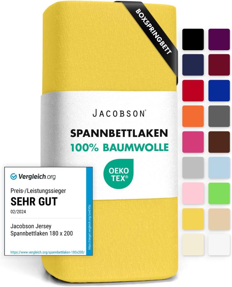 Jacobson Jersey Spannbettlaken Spannbetttuch Baumwolle Bettlaken (140x200-160x220 cm, Gelb) Bild 1
