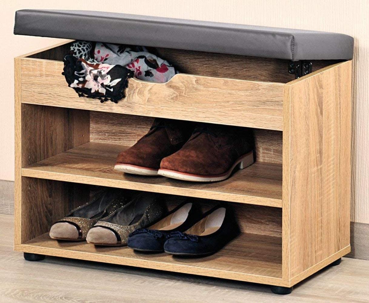 Schuhschrank aus Holz mit Sitz, Flur Schuhregal mit praktischer Sitzbank Bild 1