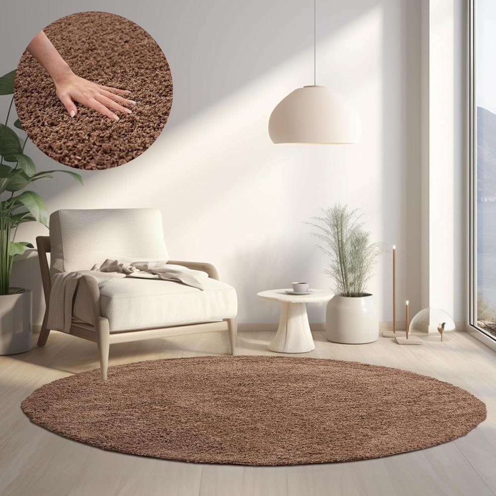 HomebyHome Hochflor Runder Teppich 200 cm Rund Einfarbig Mokka Teppich Langflor Shaggy Modern Teppich für Wohnzimmer, Schlafzimmer, Pflegeleicht Flauschig Weich Rund Großer Teppich Bild 1