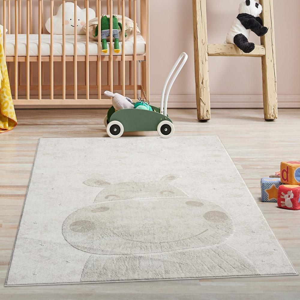 Kinderteppich Creme, Beige - 120x160 cm - Tier-Motiv Nilpferd - Kurzflor Teppiche Kinderzimmer, Spielzimmer Bild 1