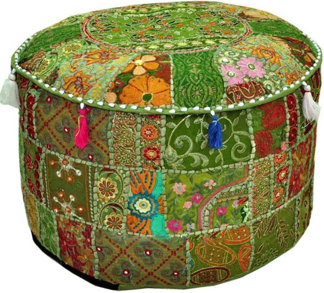 Aakriti Indian Pouf Fußhocker mit Stickerei Pouf, indische Baumwolle, Pouffe osmanischen Pouf Cover mit ethnischem Dekor Kunst - Cover (Green, 46x33 cms) Bild 1