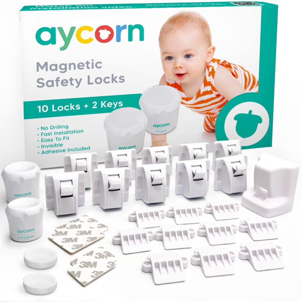 AYCORN Magnetisches Schrankschloss für Kinder und Babys - unsichtbare Kindersicherung für Schrank & Schublade - 10 Schlösser + 2 Schlüssel ohne Schrauben und Bohren - Einfache Montage BONUS Video Bild 1