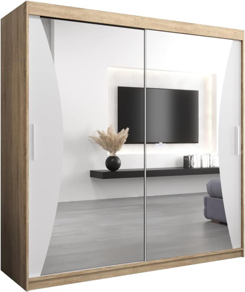 Kryspol Schwebetürenschrank Monaco 200 cm mit Spiegel Kleiderschrank mit Kleiderstange und Einlegeboden Schlafzimmer- Wohnzimmerschrank Schiebetüren Modern Design (Sonoma + Weiß) Bild 1