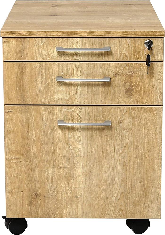 Furni24 Rollcontainer, abschließbarer Aktenschrank mit Schubladen, Holz, 3 Schübe Eiche, 43x59x57h Bild 1