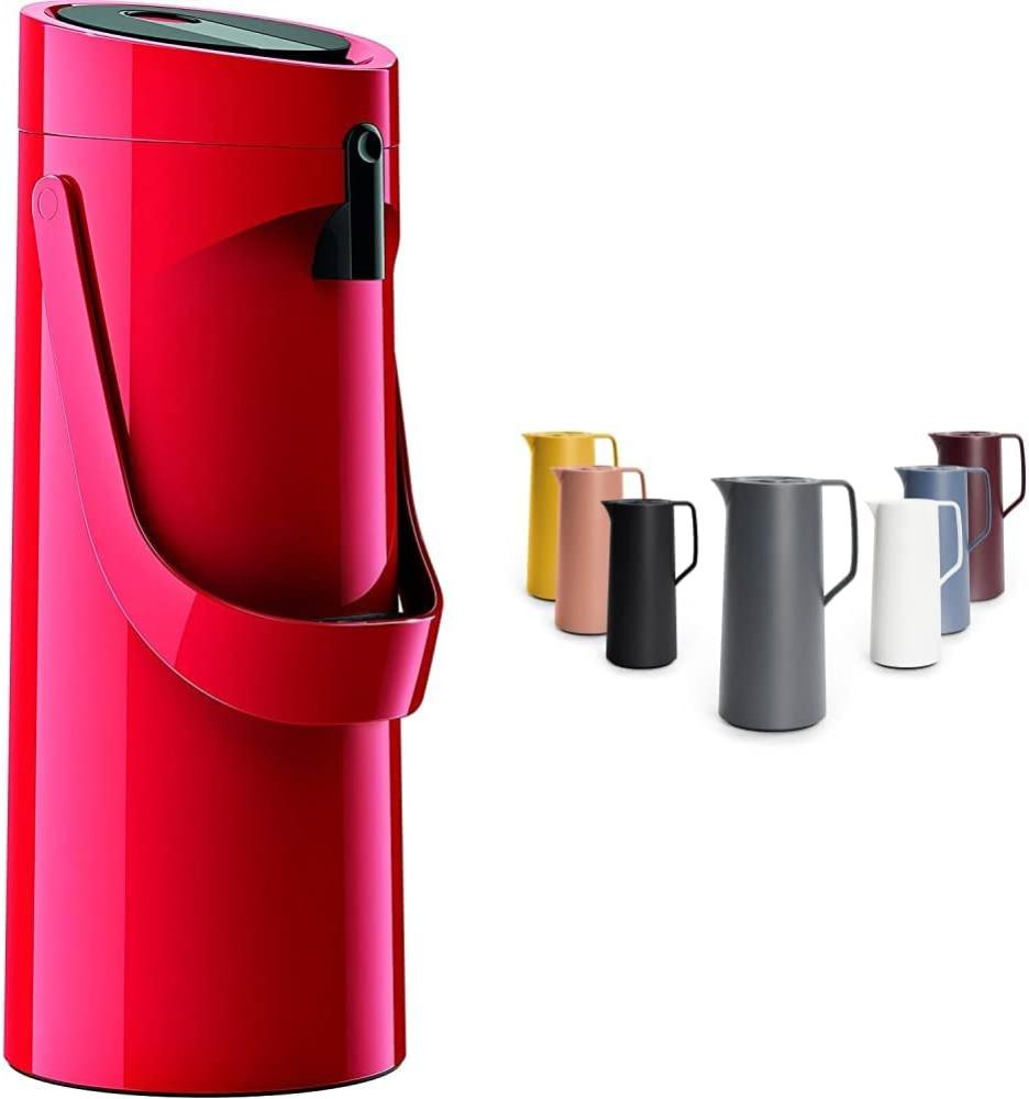 Emsa 515708 Ponza Pump-Isolierkanne, Thermosflasche, 1,9l Füllvolumen,rot, 17 x 16. 5 x 39 cm & N41701 Motiva Isolierkanne | 1 Liter | Quick-Press-Verschluss | 12h heiß, 24h kalt Anthrazit Bild 1