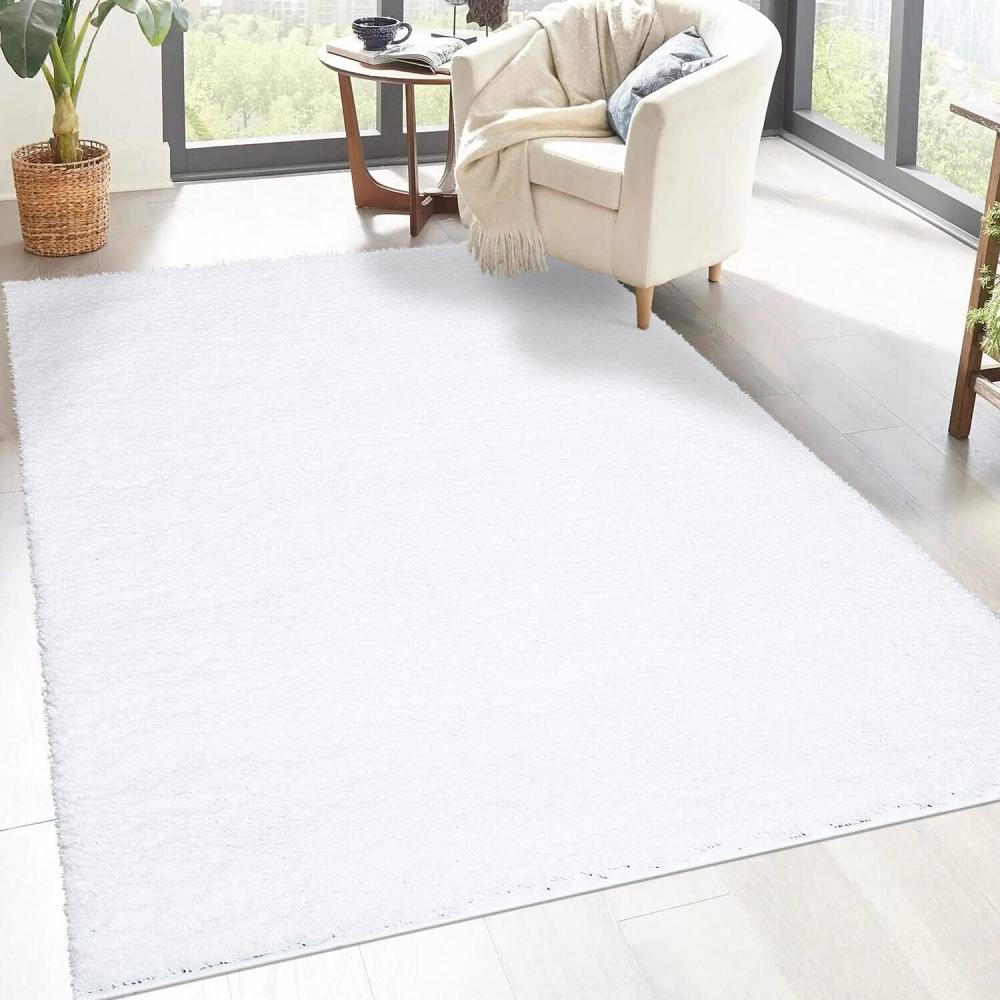 carpet city Shaggy Hochflor Teppich - 133x190 cm - Weiß - Langflor Wohnzimmerteppich - Einfarbig Uni Modern - Flauschig-Weiche Teppiche Schlafzimmer Deko Bild 1