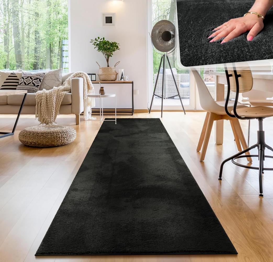 Paco Home Waschbarer Teppich Wohnzimmer Schlafzimmer Kurzflor rutschfest Flauschig Weich Moderne Einfarbige Muster, Grösse:80x300 cm, Farbe:Schwarz Bild 1