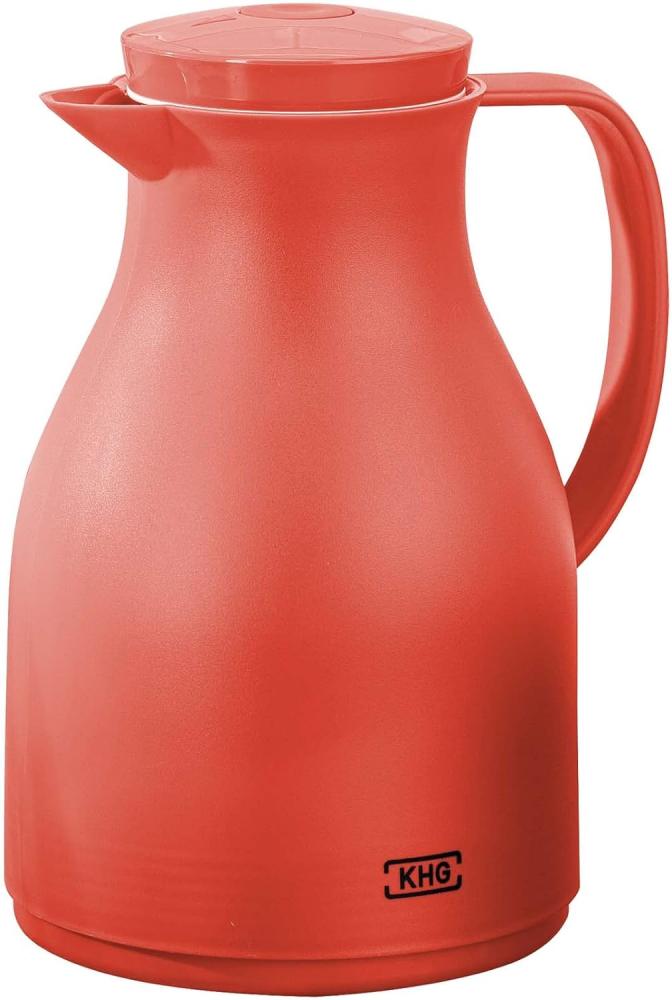 KHG Isolierkanne 1 Liter Coral Rot, Quick Press & Drehverschluss, außen Kunststoff matt, innen Glas BPA-frei, Thermoskanne 1l für heiße & kalte Getränke mit präzisem Ausgießer Bild 1
