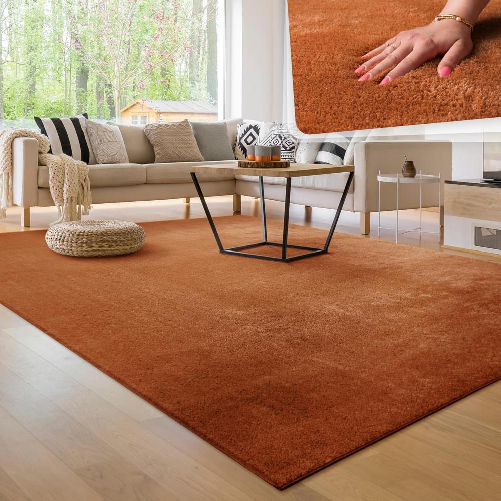 Paco Home Waschbarer Teppich Wohnzimmer Schlafzimmer Kurzflor rutschfest Flauschig Weich Moderne Einfarbige Muster, Grösse:140x200 cm, Farbe:Kupfer Bild 1