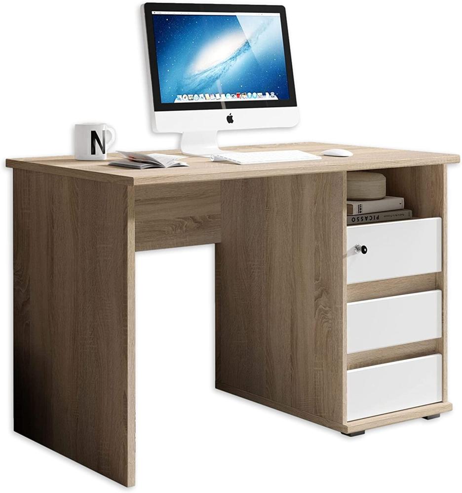 PRIMUS 1 Schreibtisch mit Schubladen, Sonoma Eiche Optik / Weiß - Bürotisch Computertisch fürs Homeoffice mit Stauraum und offenem Ablagefach - 110 x 75 x 65 cm (B/H/T) Bild 1
