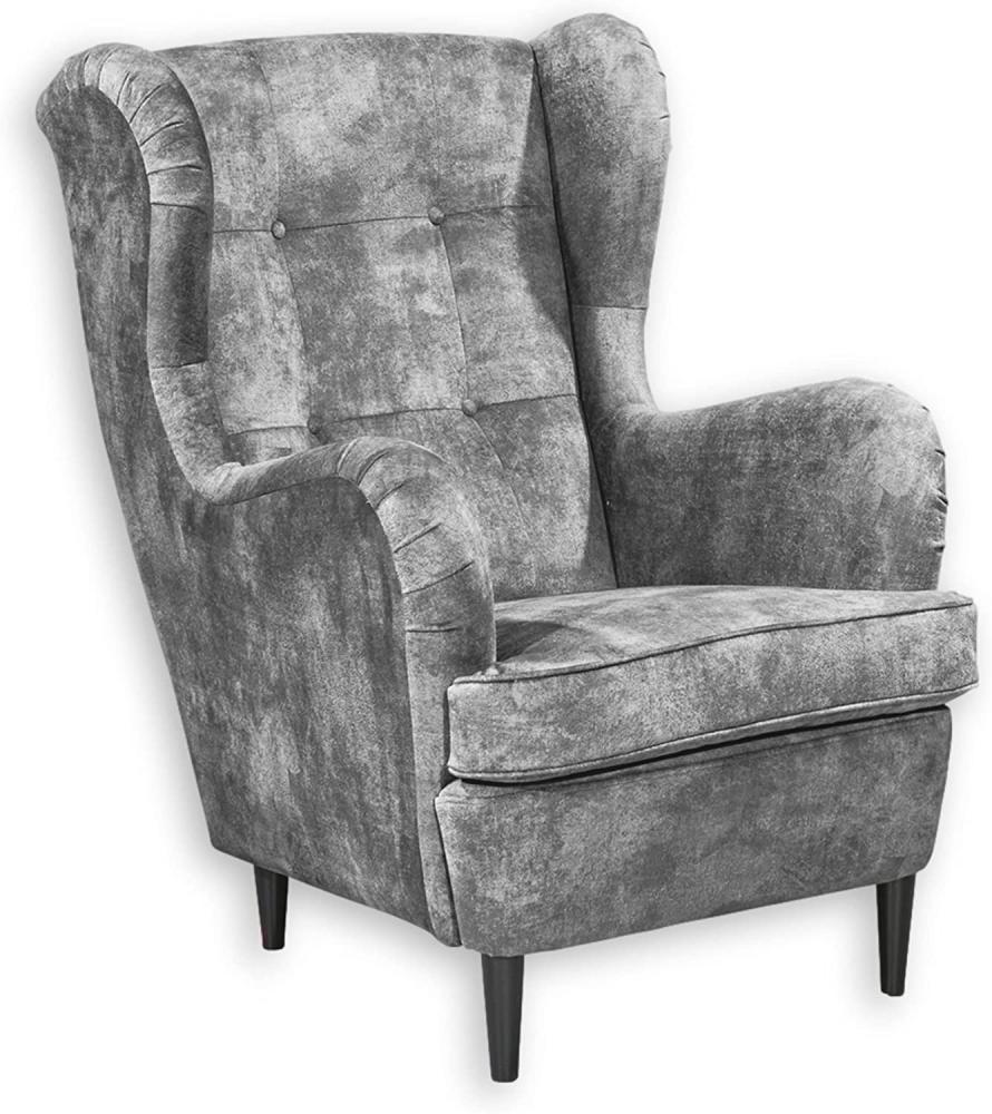OSKAR 3 Ohrensessel mit geknöpfter Polsterung, Grau - Vintage Wohnzimmer Sessel mit Massivholz Füßen - 78 x 102 x 98 cm (B/H/T) Bild 1
