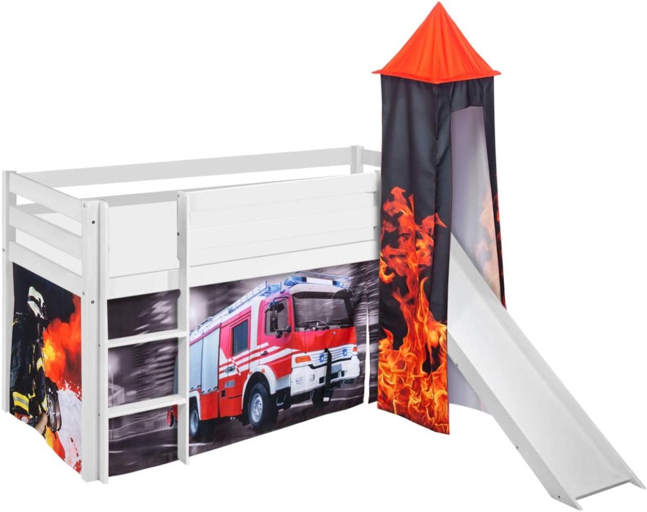 Lilokids 'Jelle' Spielbett 90 x 200 cm, Feuerwehr, Kiefer massiv, mit Turm, Rutsche und Vorhang Bild 1