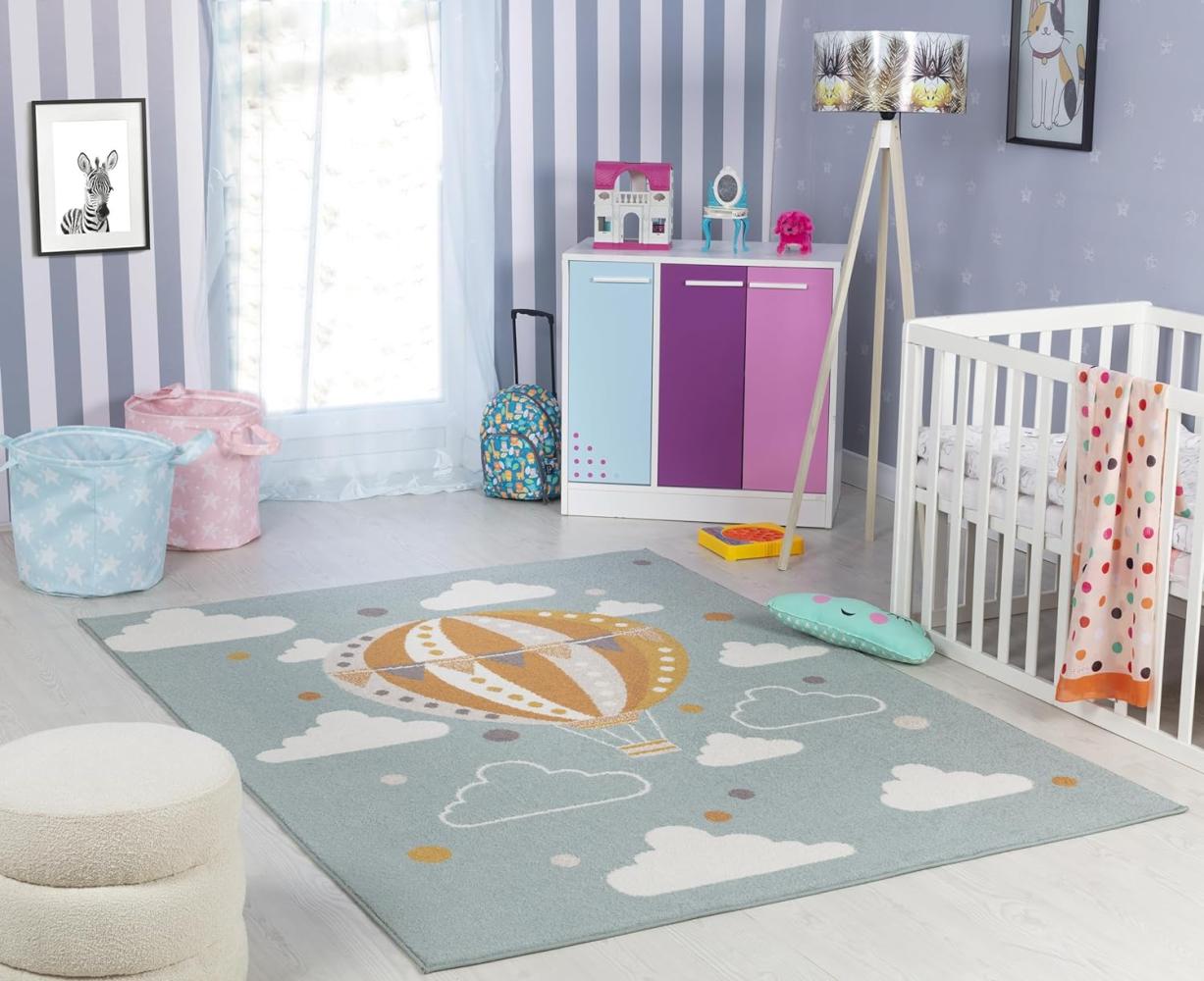 Surya Heissluftballon Kinderteppich - Cartoon Teppich Kinderzimmer oder Babyzimmer, Kinderzimmerteppich, Krabbelteppich oder Spielteppich - Baby Teppich für Jungen & Mädchen, Blaugrün 160x213cm Bild 1