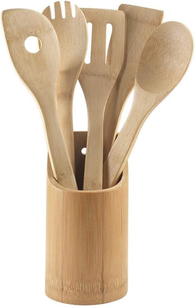 6-tlg. Bambus Küchenhelfer Küchenutensilien Kochlöffel Holz Set mit Behälter Bild 1