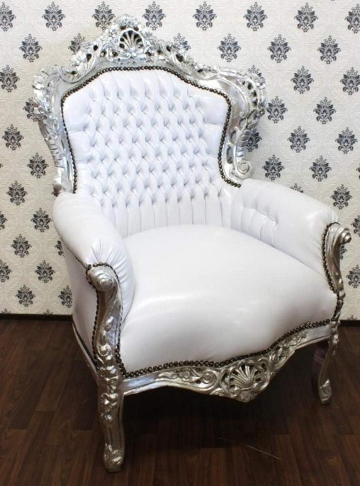 Barock Sessel King Weiß/Silber Lederoptik - Möbel Antik Stil Bild 1
