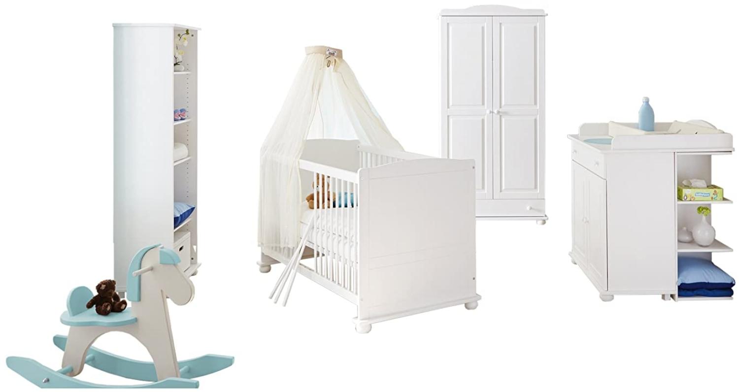 Ticaa 'Adam' 4-tlg. Babyzimmer-Set, Weiß, aus Bett 70x140 cm, Kleiderschrank, Regal und Wickelkommode inkl. Anstellregal Bild 1