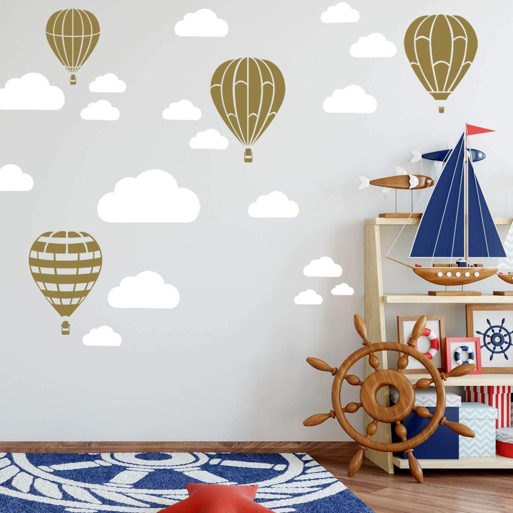 Heißluftballon & Wolken Aufkleber Wandtattoo Himmel | Wandbild 6x DIN A4 Bögen | Sticker Kinder Kinderzimmer Deko Ballons (Gold) Bild 1