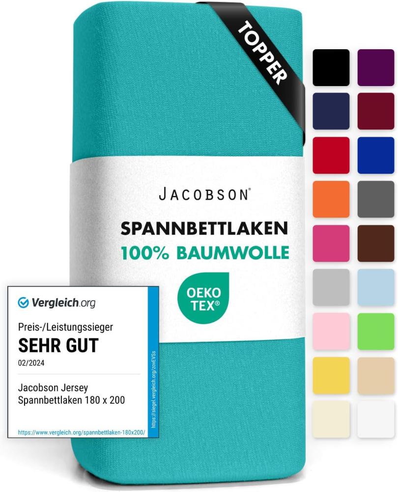 Jacobson Jersey Spannbettlaken Spannbetttuch Baumwolle Bettlaken (Topper 180-200x200 cm, Türkis) Bild 1