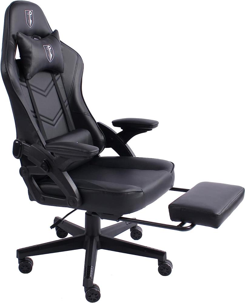 Gaming Stuhl im modernen Racing-Design mit ausziehbarer Fußstütze Gaming Chair mit verstellbaren Design Armlehnen ergonomischer Schreibtischstuhl mit extra Stützkissen Schwarz Bild 1